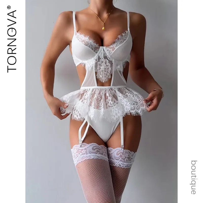 

Tornova Sexy Lingerie Suit for Women Lace Hollow Out Patchwork Underwear Set Sexy See-through 3-piece Set Sling Underwear Set