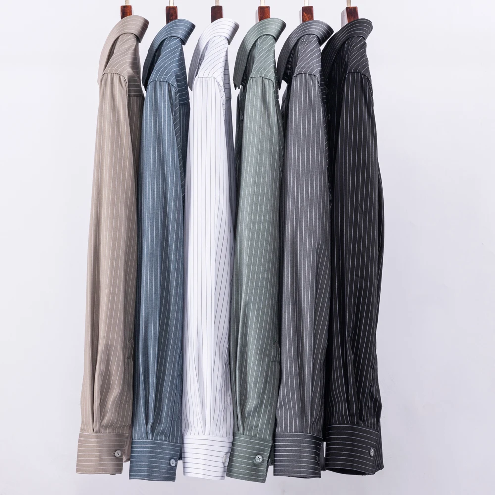 

Men's Vertical Striped Spread Collar Dress Shirt - No Pocket Soft Comfort Stretch Bamboo Fiber Business Casual Menswear Clothing