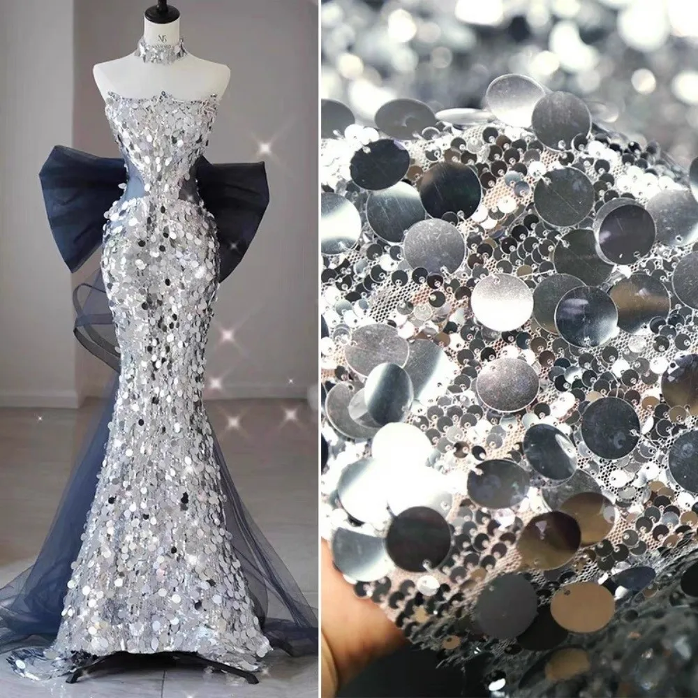 

1 Yard/Width 130cm Circular Sequin Fabric Embroidered Large Stage Costume Fabric Mesh Bottom Wedding Dress Fabric