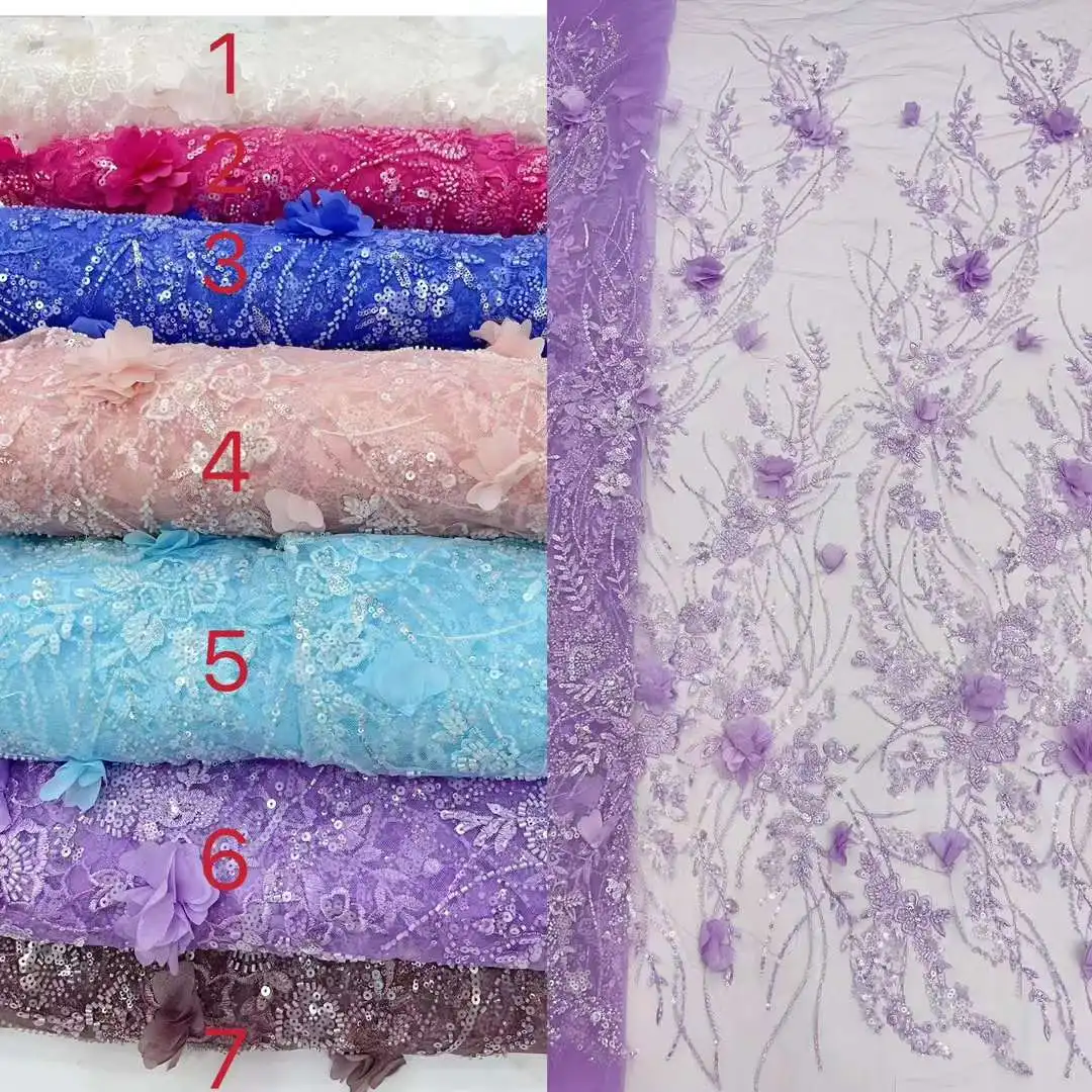 Latest African 3D Flower Lace Fabric Embroidery French Mesh Lace Fabric With Sequins Groom Nigerian Tulle Lace For Party Dress