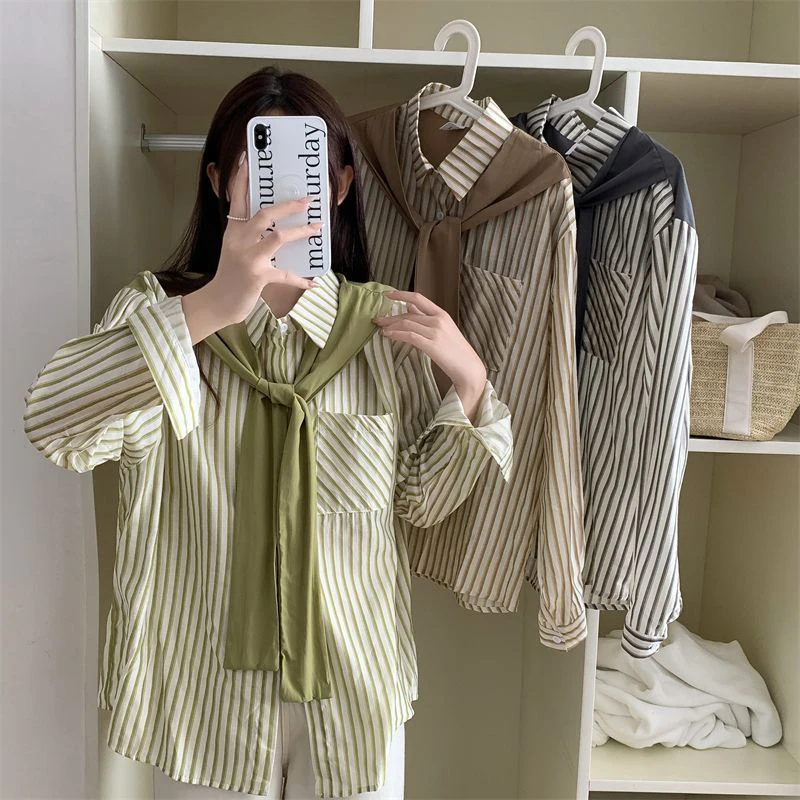

Casual Chic Shirts And Blouses Fake 2 Pieces For Women's Shirt Shirt Stripe Long Sleeve Top Luxury Pink Autumn Loose Clothes New
