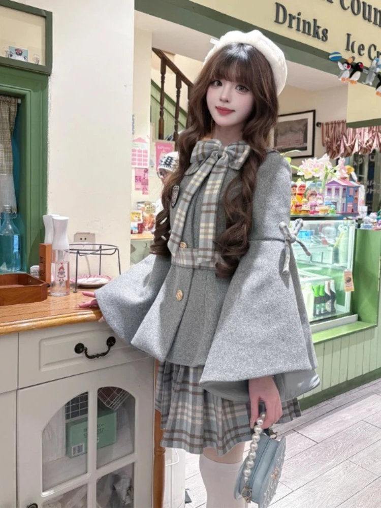 

Peter Pan Collar Plaid Bow Elegant Sweet Woolen Coat Women+ High Waist Pleated A-line Skirts Spring Autumn New Two Piece Sets