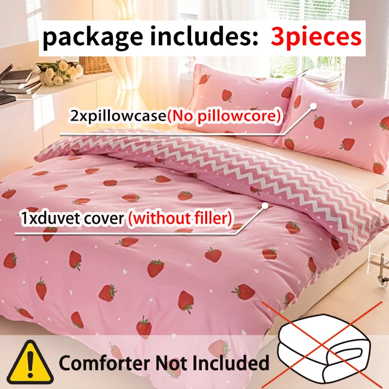 3pcs/set Small Strawberry Print Duvet Cover Set(1 Duvet Cover & 2 Pillowcase）Soft And Skin-Friendly Duvet Cover Bedding Set - view 4