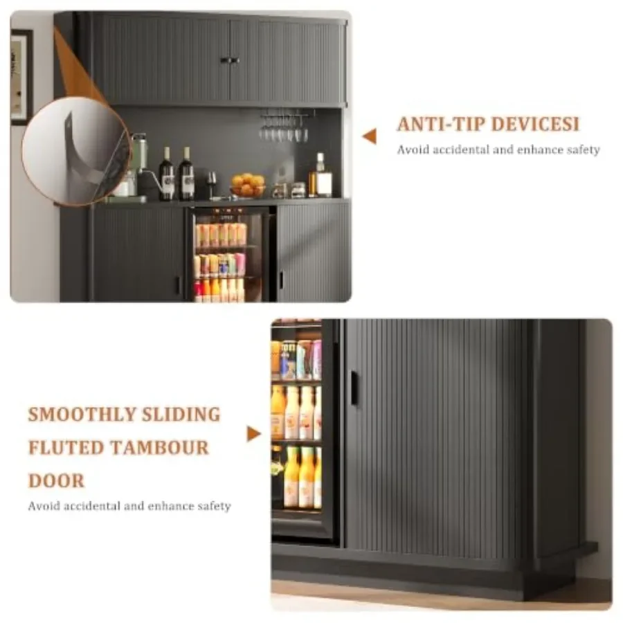 70.8" Tall Fluted Coffee Bar Cabinet with Mini Fridge Space, Modern Bar Cabinet with Fridge Space, Power Outlet and Drawer, Win - view 5