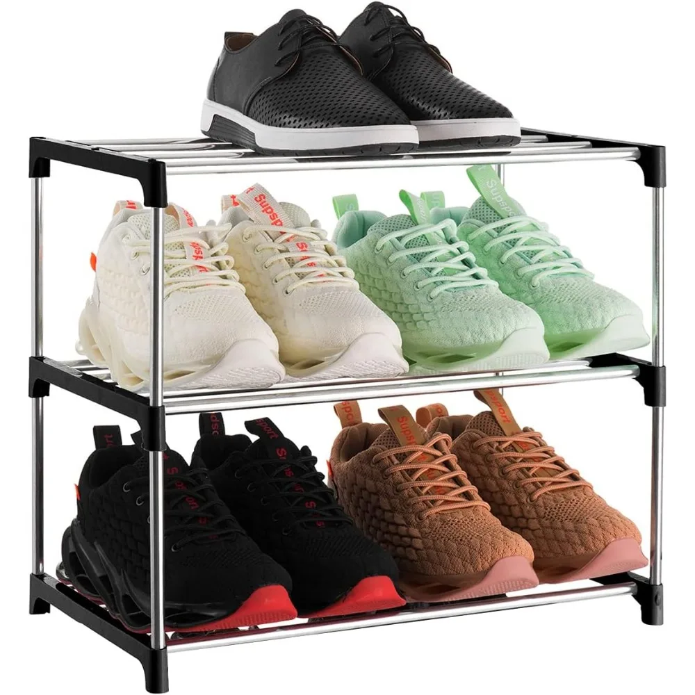 

3-Tier Stackable Small Shoe Rack, Lightweight Shoe Shelf Storage Organizer for Entryway, Hallway and Closet(Black)