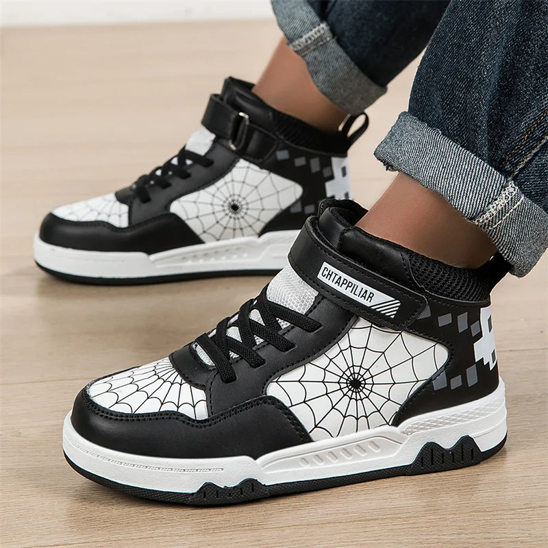 デザイン子供革製スニーカー男の子ハイカットシューズ2025新ファッションキッズスクールデイリーウォーキングカジュアルスポーツスニーカー男の子用