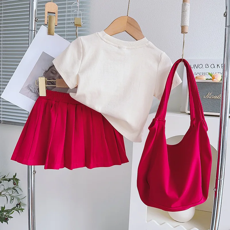 Free Bag Baby Girls Short-sleeved Apple Tree T-shirt Skirt Summer Cartoon Print Tops Shirts Pleated Skirt 3pcs Clothing Sets