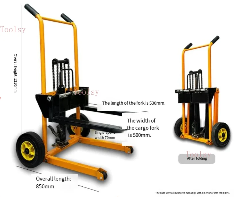 

Mini 200kg load-bearing forklift, portable manual handling stacker, light and small househol lift truck, hydraulic unloading