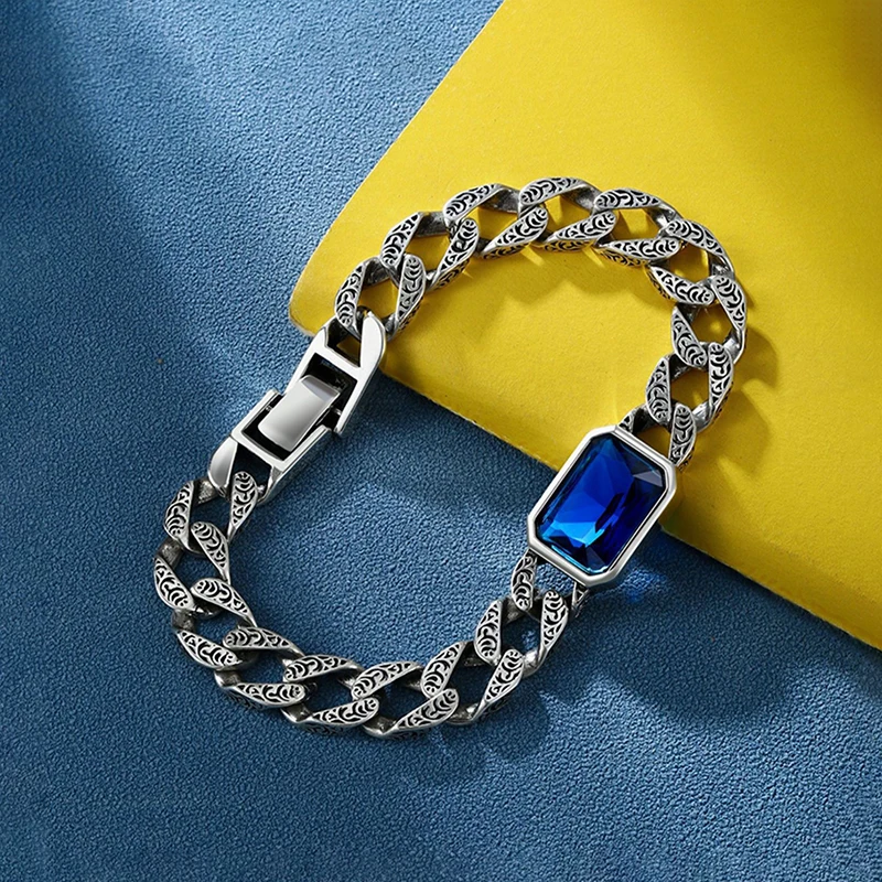 

S925 Sterling Silver Vintage Bracelet Male Tang Grass Pattern Chain Blue Crystal Gem Men Women Couple Party Gift Jewelry