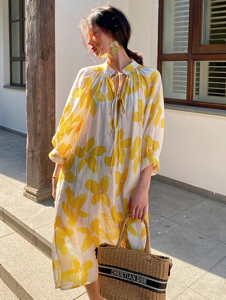 Khalee Yose Boho Floral Chic Midi Dress allentato cotone scollo a v giallo Casual manica lunga vacanza abiti da donna Sexy abiti da donna