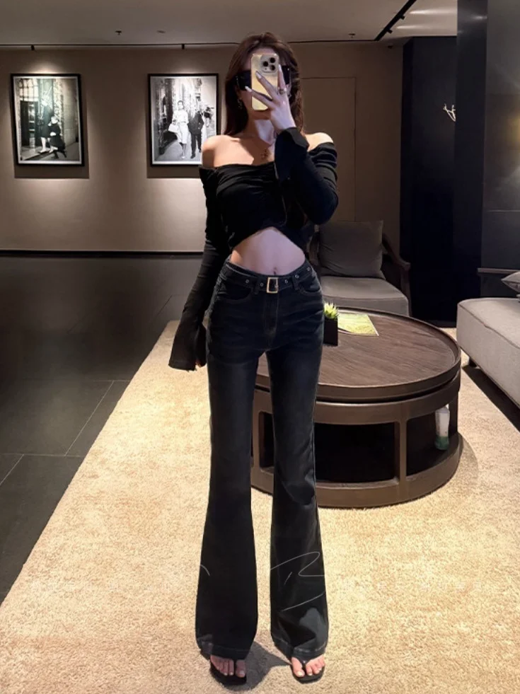 

Женские джинсы-клеш с высокой талией для похудения, премиум-класса, эластичные, прямого кроя, длиной до щиколотки, повседневные, из хлопкового стрейч-денима