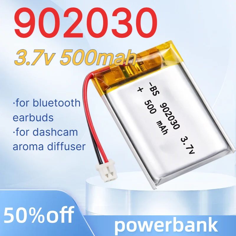 902030 3.7V 500mAh Lithium Polymer Rechargeable Battery for Bluetooth Earbuds Car Dashcam Aroma Diffuser Portable Electronics