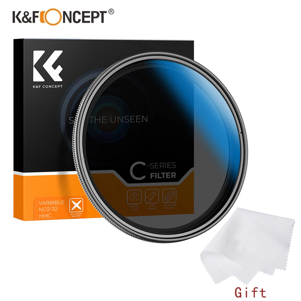 K&F CONCEPT ND2-ND32 Variable ND Filter 37-82mm No Black Cross 1-5 Stops Neutral Density Camera Lens With Cleaning Cloth