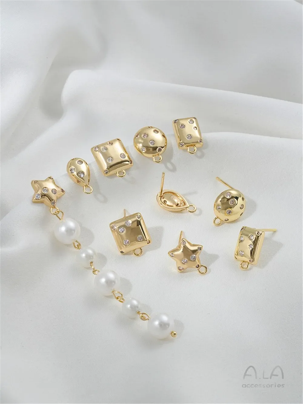 

925 Silver Needle 14K Gold Inlaid Zirconium Geometric Square Round Water Drop Diy Ear Accessories with Earrings E373