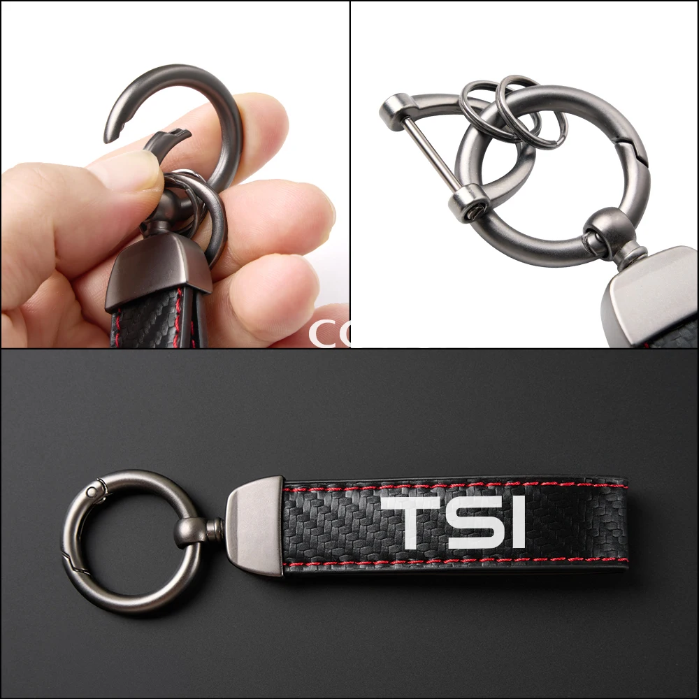 Car PU Leather Carbon Fiber Pattern Keychain For VW Volkswagen TSI TDI 4Motion Rotating Horseshoe Key Chain Car Accessories