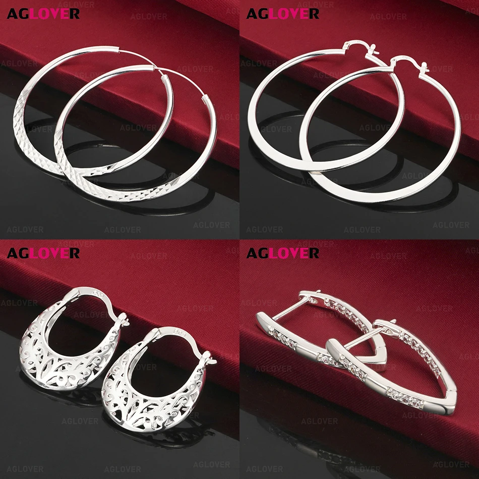 

AGLOVER 925 Sterling Silver Flat Round Large Earrings for Women Classic Fashion Gift Engagement Jewelry