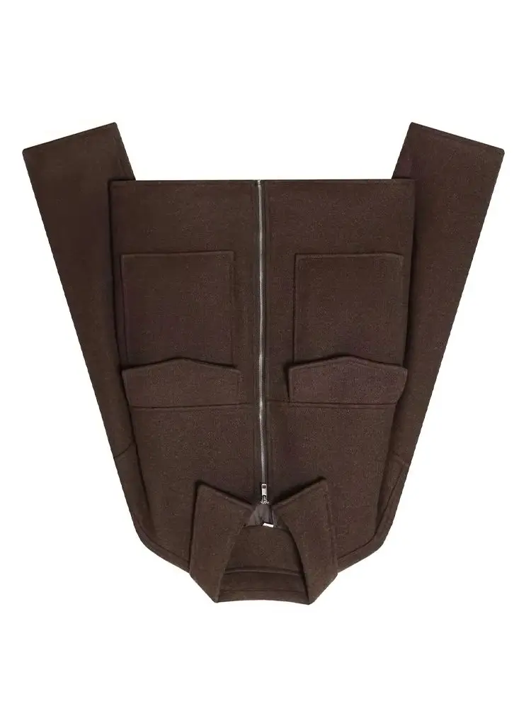 

HH Women Elegant Turn-down Collar Long Sleeves High Street Woolen Coat Autumn Female Zipper Big Pockets Decorate Casual Coat