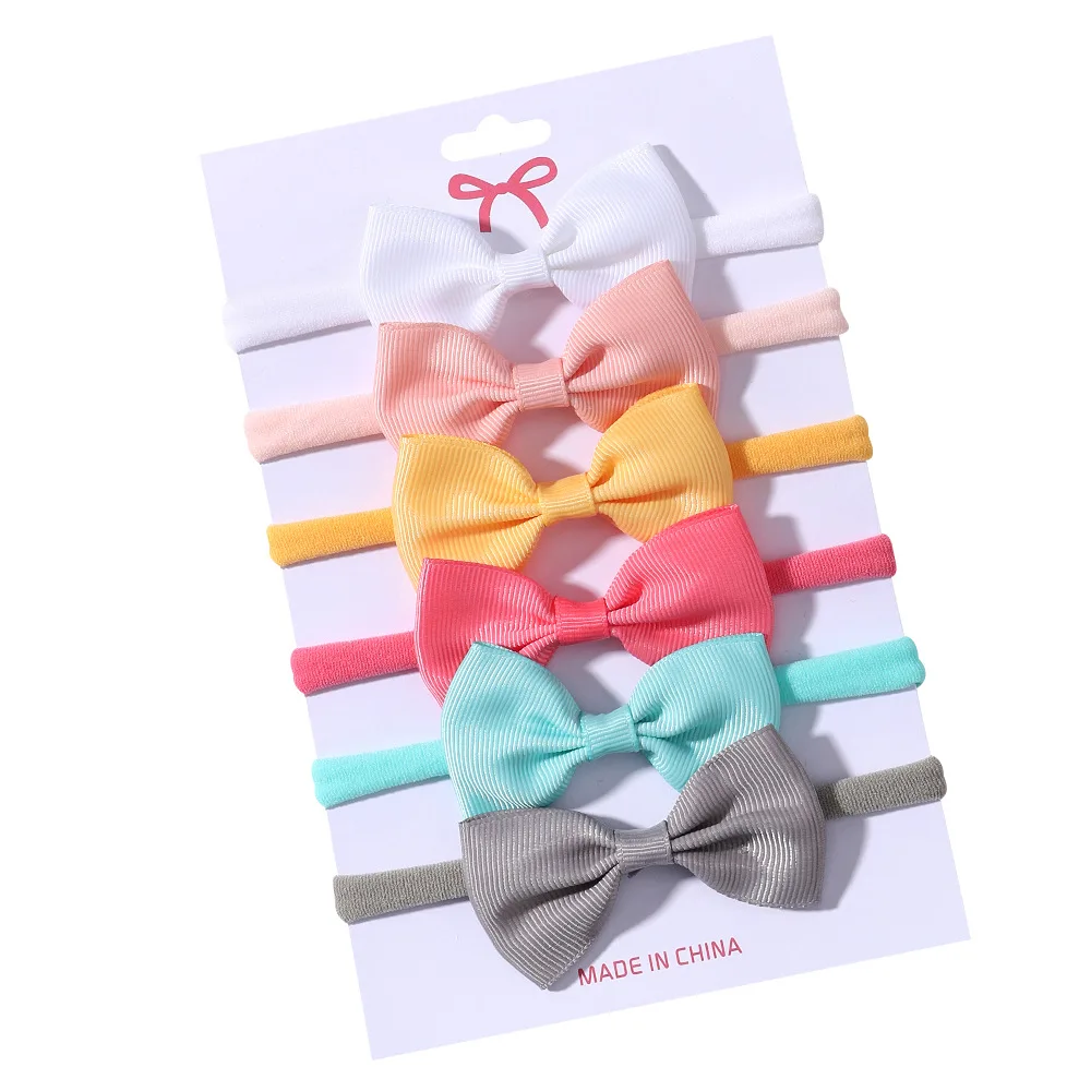 

6PCS/set Children's Bow Headband Solid Color Elastic Seamless Grosgrain Ribbon Head Bands Soft Nylon Bow Mini Hair Band for Baby