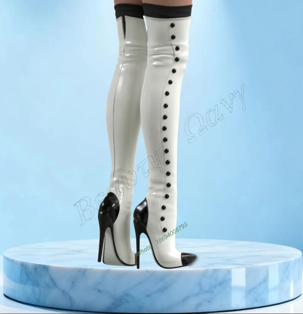 

Chentel White Side Black Rivet Decor Patchwork Boots Thigh High Thin Spike High Heel Shoes Women Shoes New Zapatos Para Mujere