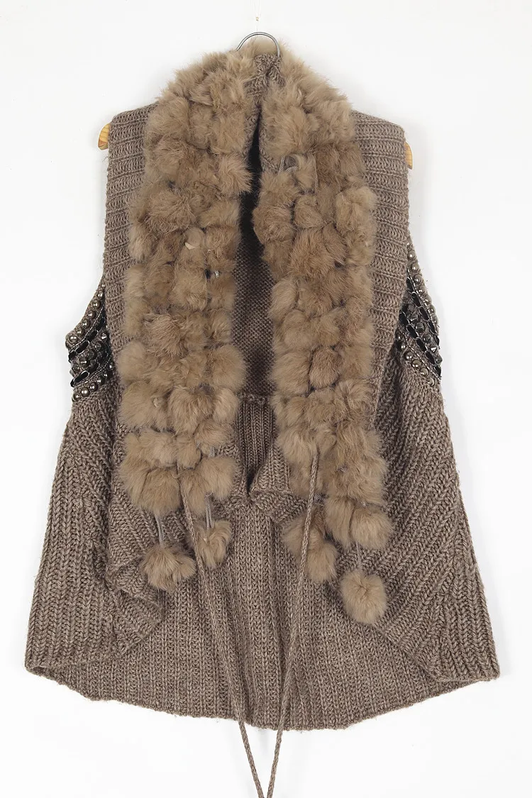 Vintage Strickweste mit Fellkragen, Abib Kaninchenfell, Hippie Desert Wanderer Y2K Street Style, Wärmeisolierend, Lang