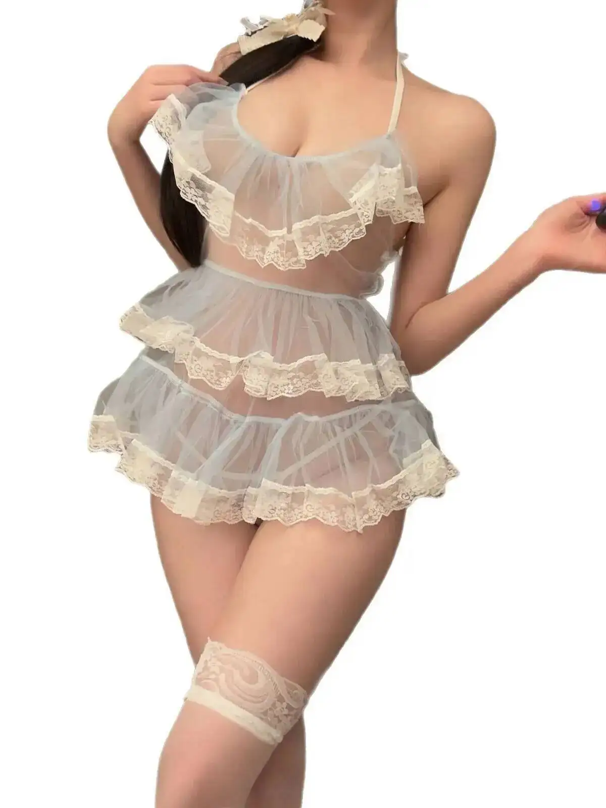 เซ็กซี่ลูกไม้ Trim PURE Desire สไตล์ดูผ่านเค้กพัฟชุดชุดนอนมินิชุดตาข่ายลูกไม้ SHEER 2025 ใหม่ ZR1C