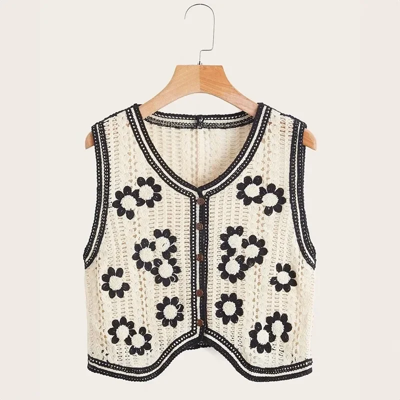 

Daisy Crochet Vest for Women Sleeveless Button Down Open-knit Sweater Top Summer Teen-girl Boho Vacation Outfit