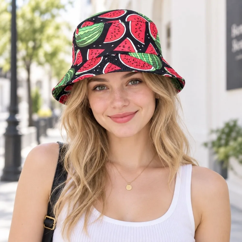 Casual Wear Double-Sided Bucket Hat Sun Protection Fruit Pattern Sun Hat Foldable Four Seasons Fisherman Hat Fishing Activity