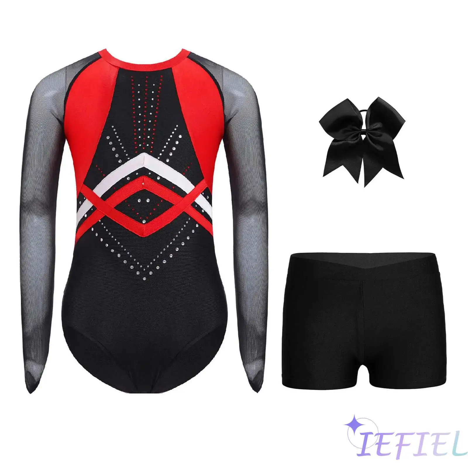 

Kids Girls Gymnastics Outfit Long Sleeve Patchwork Shiny Rhinestones Jazz Leotard with V-front Waistband Shorts And Headwear