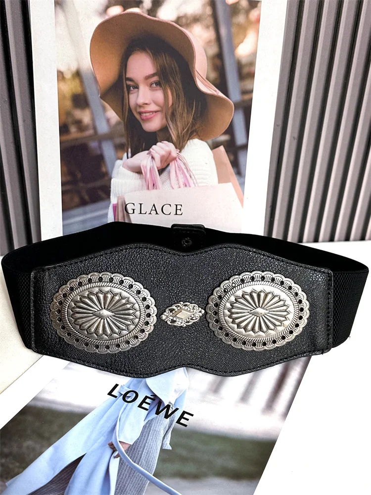 

Bohemian Ins Ethnic Style American Retro Large Accessories Wide Belt Women's Fashion Carved Buckle Waist Cover with Skirt