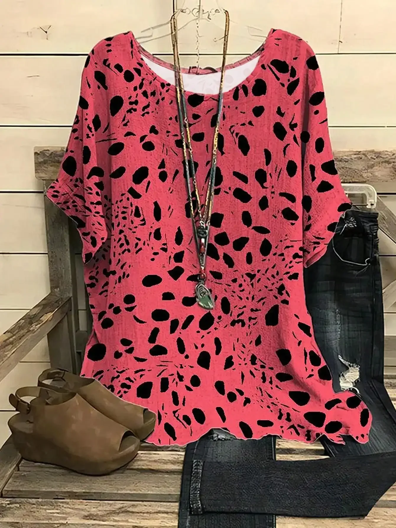 

Plus Size 1XL-5XL Casual Women Top Shirts Blouse Ladies Fashion Vintage Blouse Spot Print Round Neck T-shirt