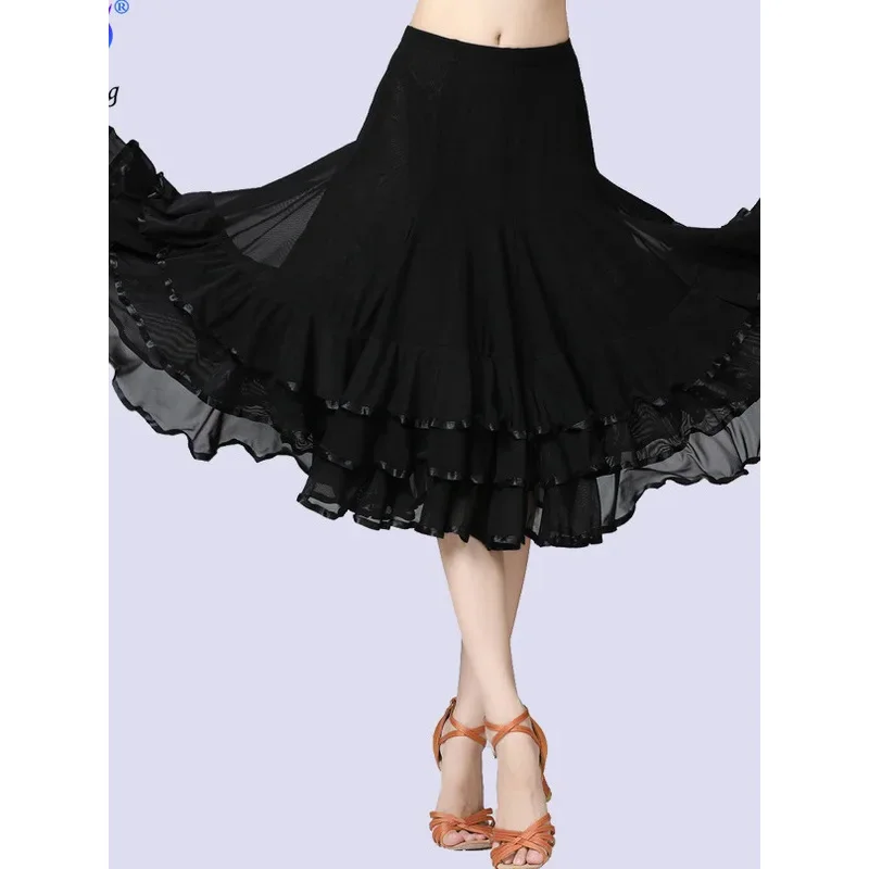 New Style Ballroom Dance Dress Gauze Swing Skirt Latin Dance Social Dance Practice Half Length Dance Solid Ruffle Edge Skirt