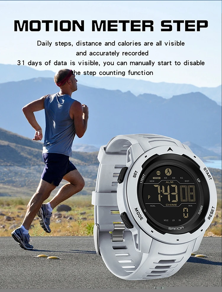 SANDA 2145 Herren-Sportuhr, Schrittzähler und Kalorienzähler, 50 m wasserdichte LED-Digital-Militärarmbanduhr, Relogio Masculino – Detail 3