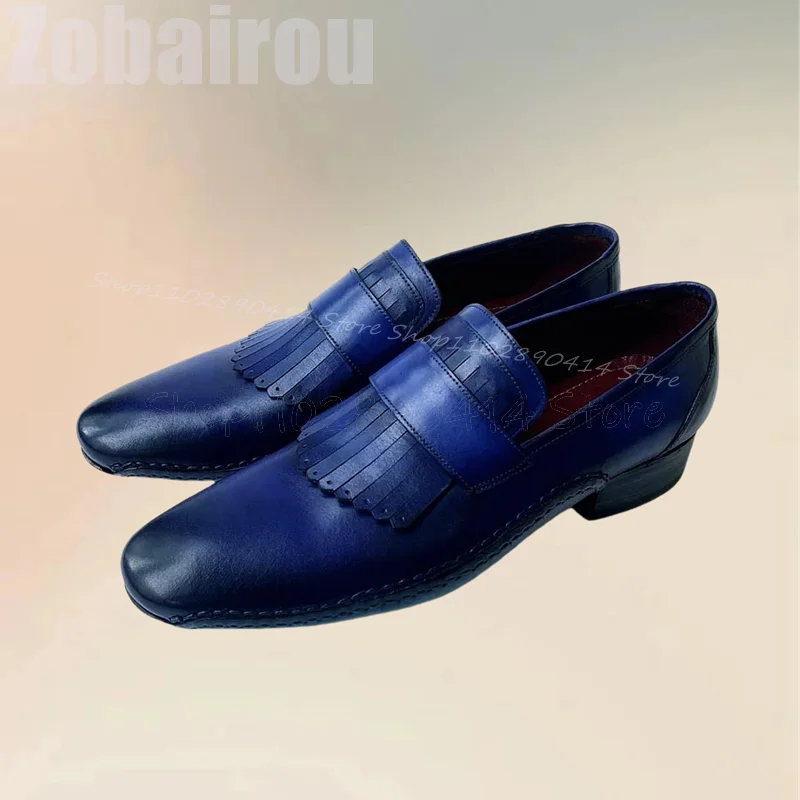 Sepatu pantofel pria desain jahit rumbai biru Fashion Slip On sepatu pria pesta pesta Pesta Jamuan makan kantor sepatu pria