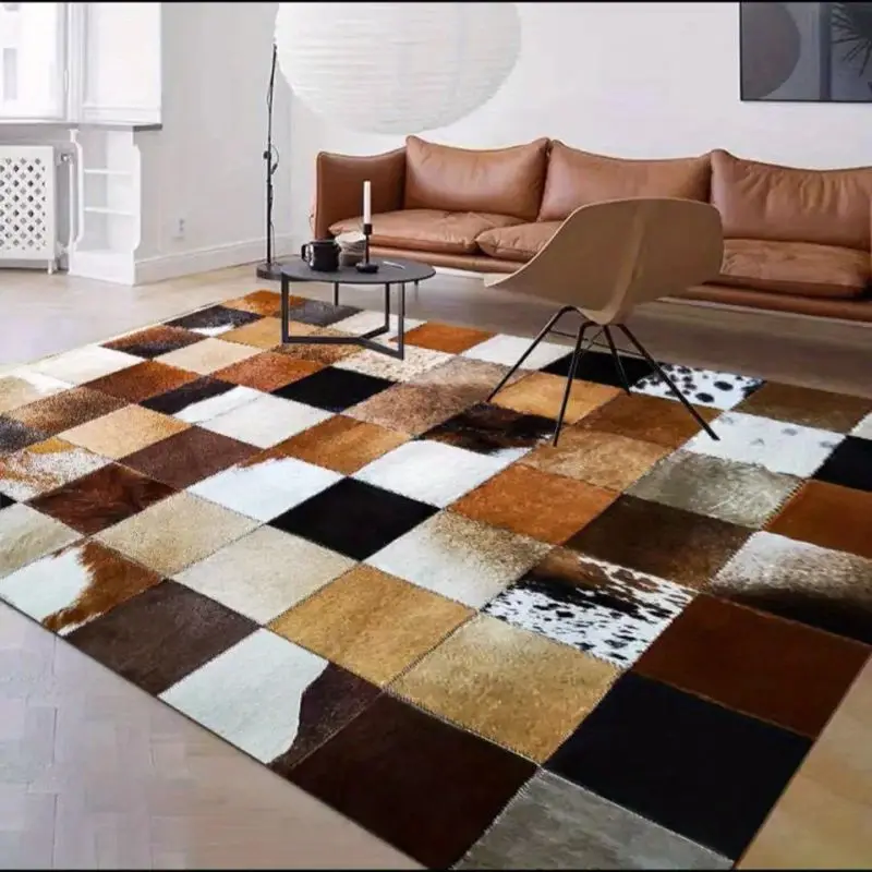 Cow Fur Pattern Rug Cowhide Patchwork Print Carpet Cow Spots Decorative Carpet Western Cowboy Floor Mat for Living Room Bedroom