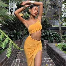 Women's 2024 Summer Ins Sexy Style Hollow Out Side Bra One Shoulder Backless Irregular Slit Cutout Maxi Dress Party BeachHoliday