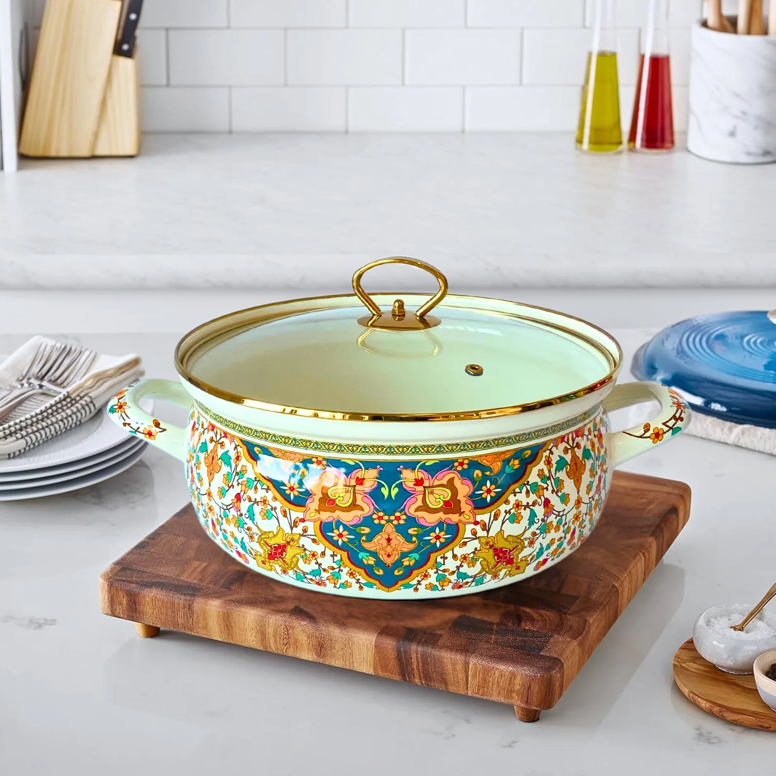 4.2L Stew Pot Enamel Vintage Flower Bird Soup Pot Double Handle Cheese Thickened Frying Pan Home Kitchen Cookware Boiling Soup
