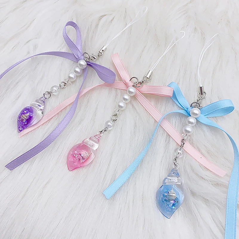 Korean Sweet Ribbon Bow Phone Charm Y2K Beaded Conch Pendant Phone Lanyard For Girls Mobile Phone Chain Keycord