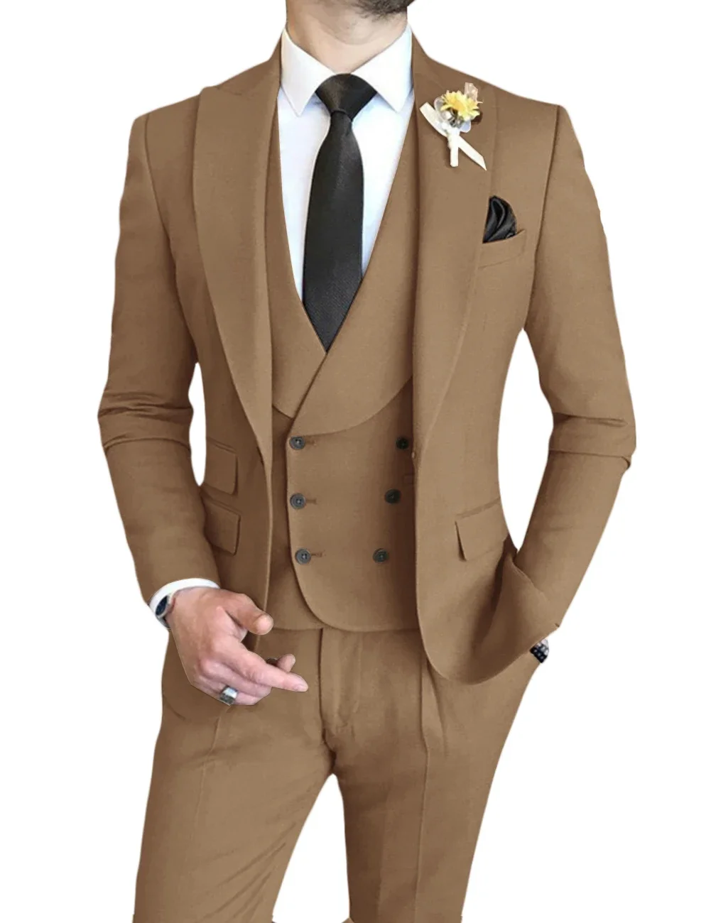 3Pcs Formal Men Suits Slim Fit Double Breasted Groom Formal Business Male Blazer Set Shawl Collar Wedding (Jacket+Vest+Pants)
