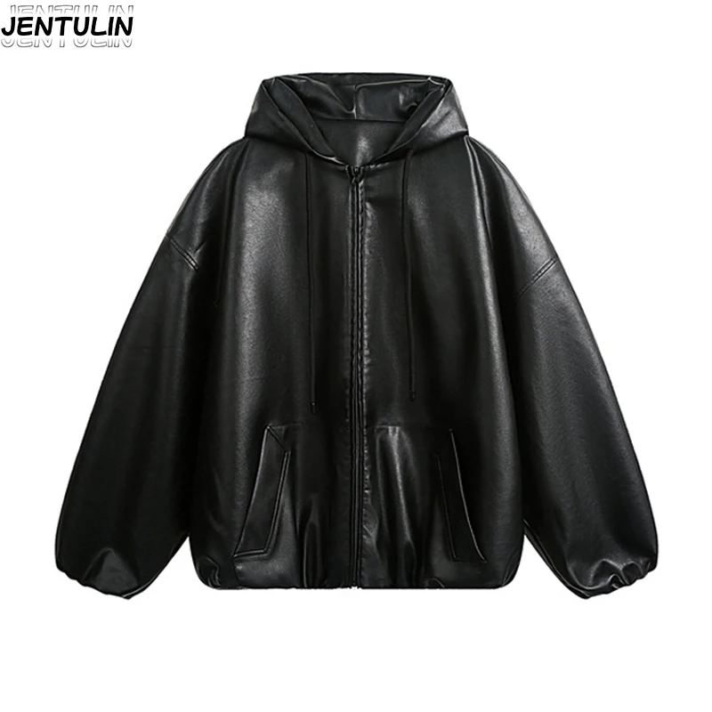 

Эстетика Ретро High Street Style Черная однотонная кожаная куртка Мужская одежда Весенне-осенняя свободная куртка для пар с капюшоном Y2k Top