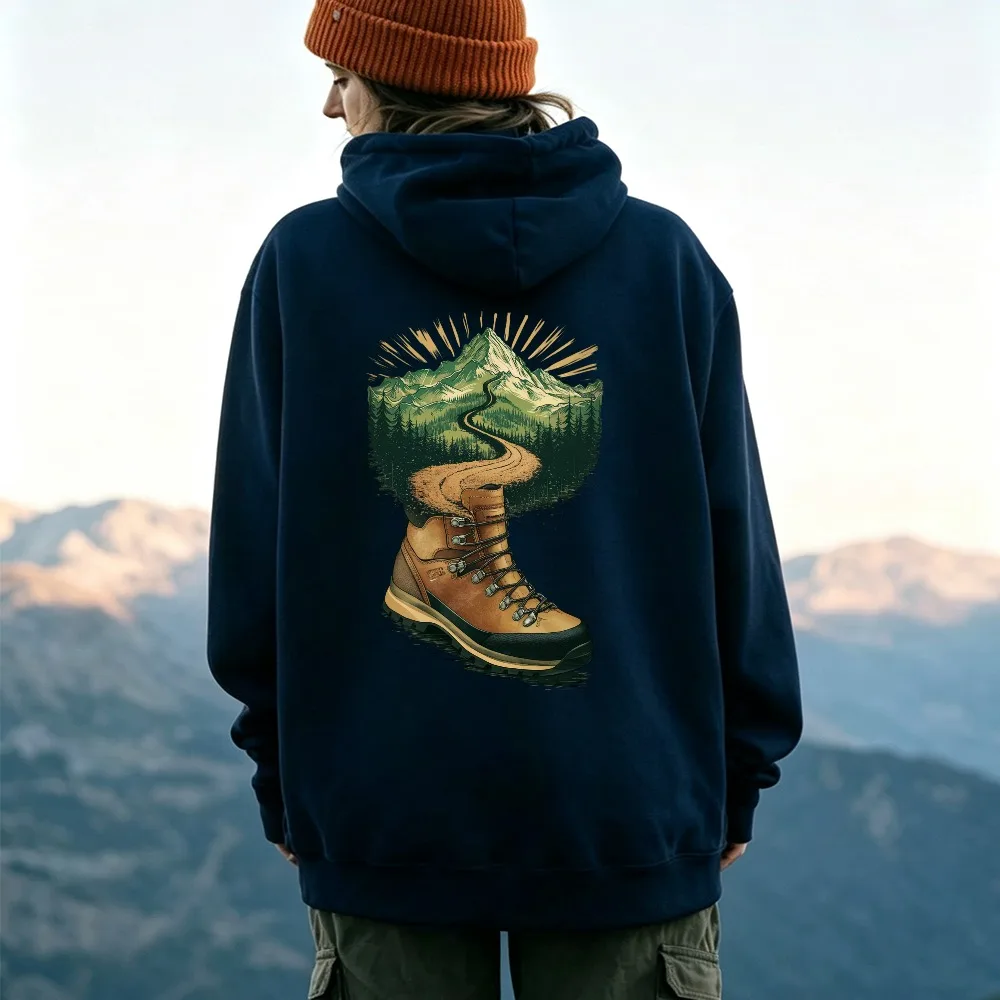 Hiking Boot Mountain Trail Forest Graphic Hoodie Vintage Outdoor Adventure Nature Print Pullover Sweatshirt Camping Casual Tops