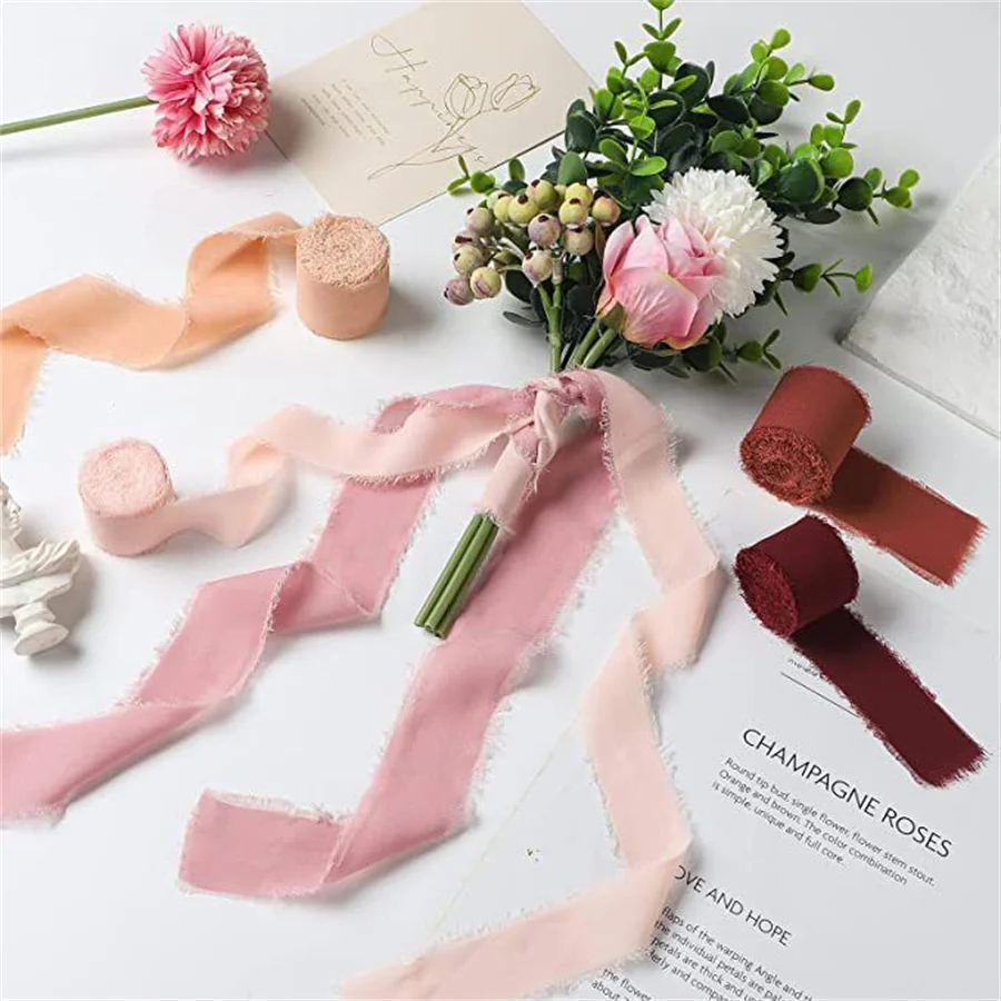 1 Rolle 5 m * 4 cm ausgefranstes Satin handgemachtes Chiffon-Seidenband für Hochzeitseinladung, Blumensträuße, Geburtstagsfeier, DIY-Dekoration, Geschenk – Detail 3