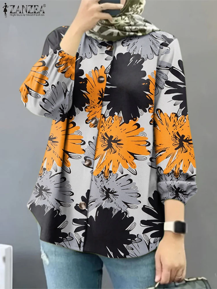 

ZANZEA Women Fashion Long Sleeve Muslim Tops Tunic Floral Print Shirt 2025 Spring Blouse Casual slamic Clothing Blusas Femme