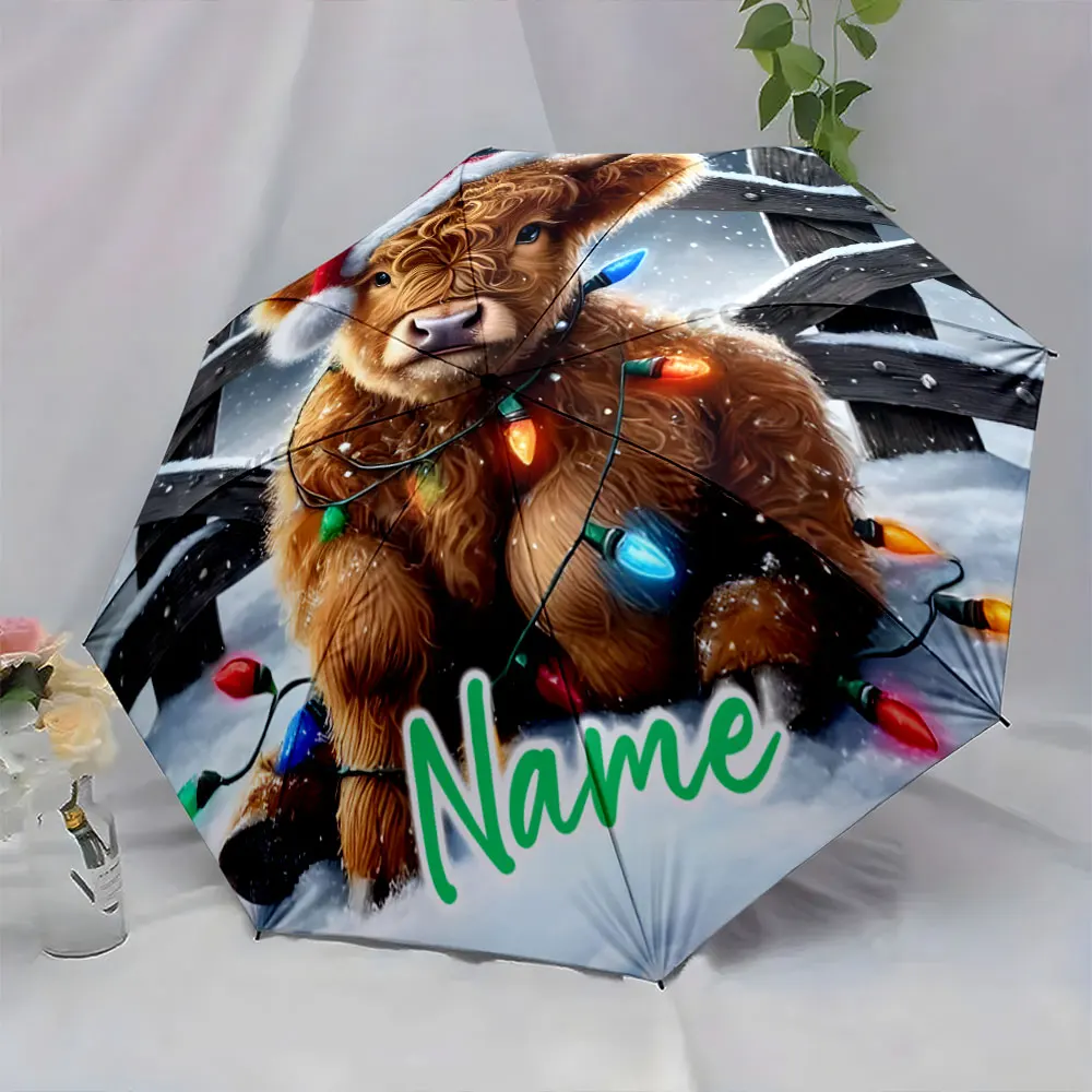 Custom Name Festive Umbrella Featuring a Cute Holiday-Themed Cow Design 8 Iron Ribs Folding Umbrella Auto-Open Fashion Sunshade