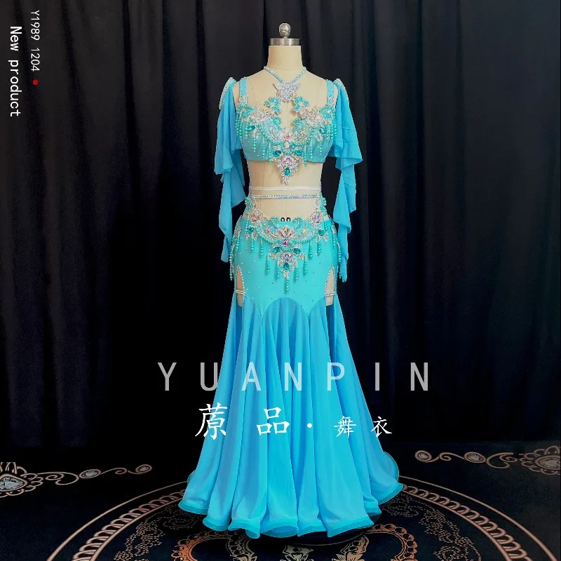 Customized Belly Dancewear Rhinestone Accessories Group Stage Suit Performance Costume Belly Dancing Bra Tassel Split Skirt Set