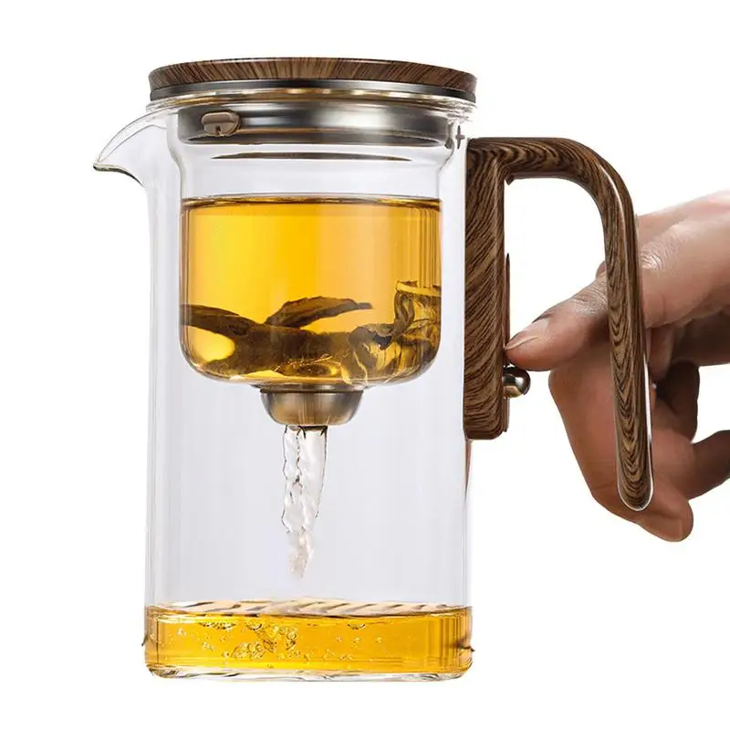 One Click Magnetic Switch Tea Separation Filtration Glass Tea Pot Wood Handle Tea Water Separation Inner Container Teapot