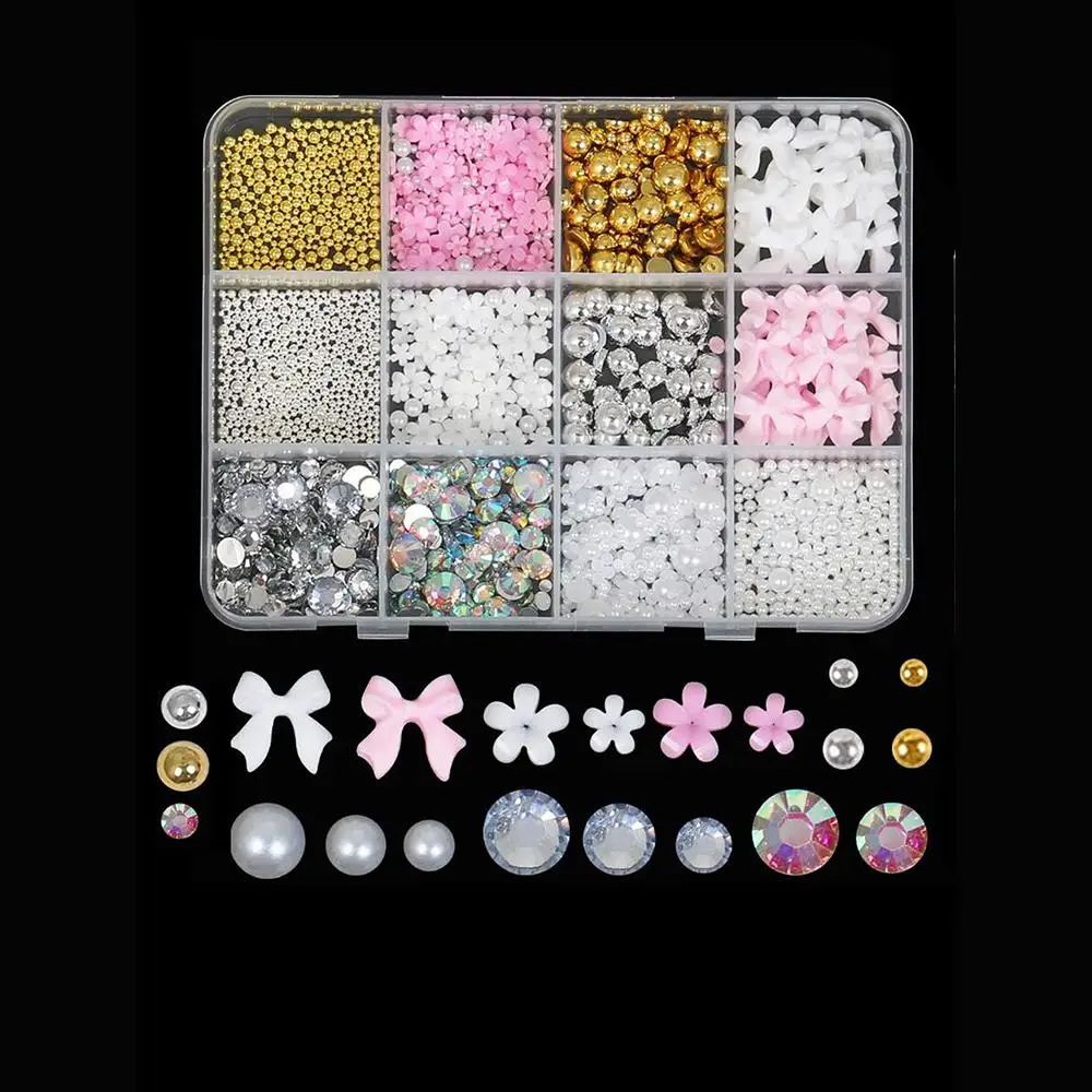 12 griglie 3D acrilico fiore arco lecca-lecca pendenti per unghie simulazione perla cuore/stella decorazioni per unghie accessori per unghie in resina fai da te