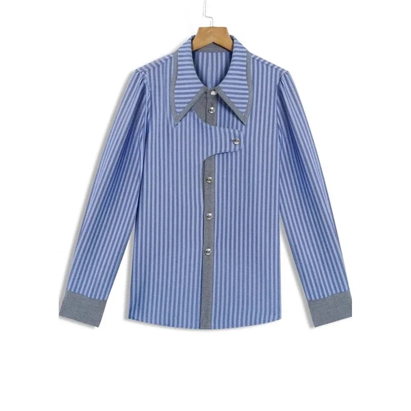 Design a righe retrò blu, nuovo stile primaverile da donna 2024, camicia di nicchia, top a maniche lunghe alla moda e versatile