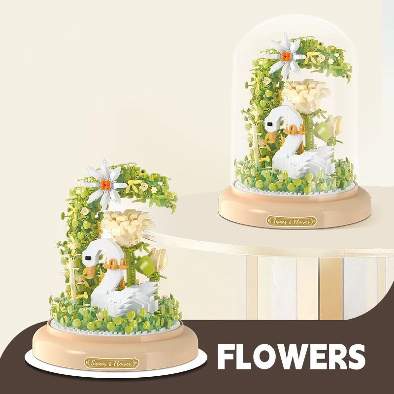 

Creative And Funny Flower Potted White Swan Dust Cover Tabletop Decoration Building Blocks Bricks Toys Gifts