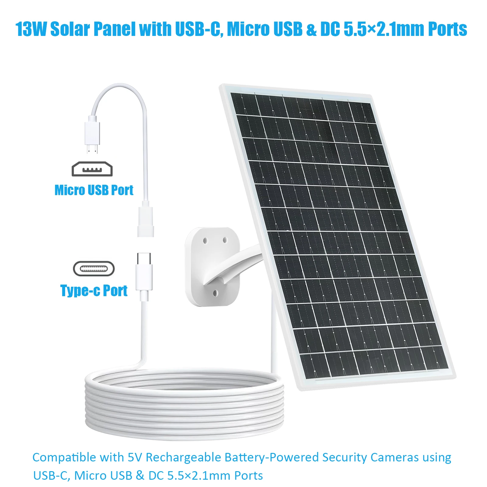 13W Solar Panel for Security Camera 5V Type C Micro USB DC 5.5 Outdoor Rechargeable Battery IP66 Waterproof Charger