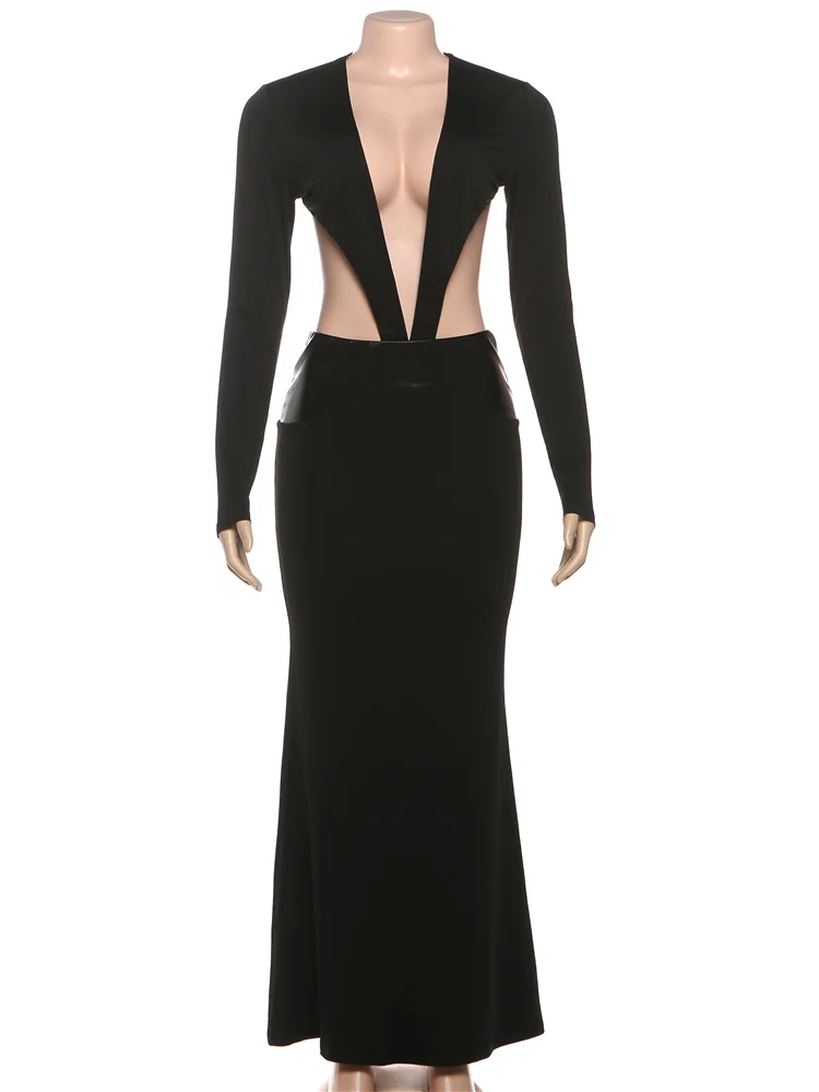 Kliou couro retalhos vestidos longos mulher sexy profundo decote em v sem costas manga cheia meninas quentes estilo de rua alta elegante vestidos